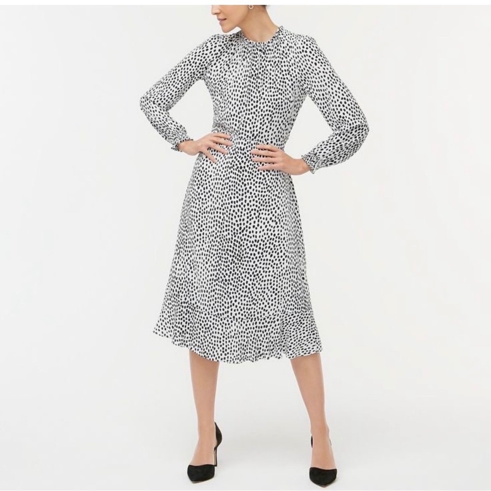 J.Crew cheetah Ruffle Neck Midi Dress Black White quiet luxury size 0,‎ NEW